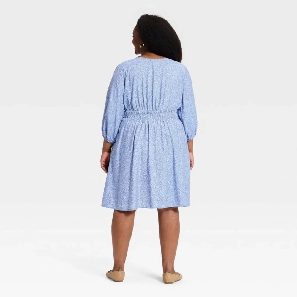 Ava & Viv - Women's Plus Balloon 3/4 Sleeve Button-Front Short Blue/White - Picture 2 of 3